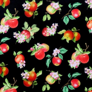 May include: A repeating pattern of red and yellow apples with green leaves and pink blossoms on a black background. The apples vary in size and are arranged in a seemingly random pattern, creating a vibrant and naturalistic design.