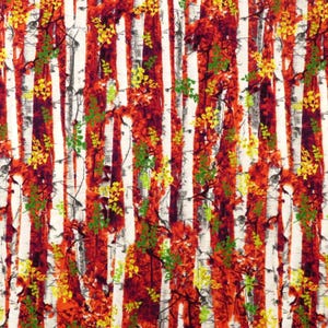 May include: A fabric pattern featuring a forest scene with vertical red and white birch tree trunks. The image includes green and yellow foliage, creating a vibrant and naturalistic design. The pattern is suitable for various textile applications.