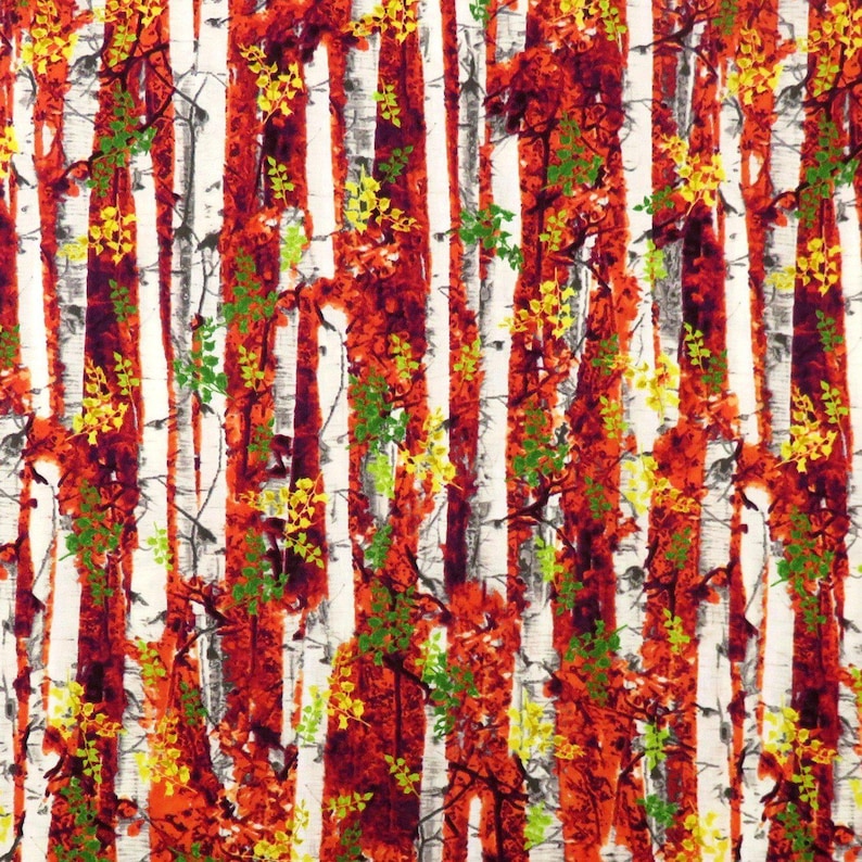 May include: A fabric pattern featuring a forest scene with vertical red and white birch tree trunks. The image includes green and yellow foliage, creating a vibrant and naturalistic design. The pattern is suitable for various textile applications.