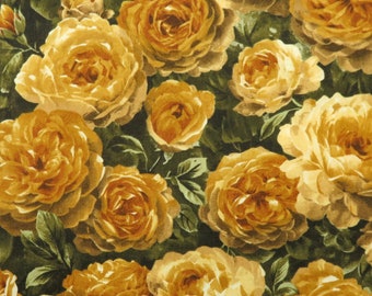 May include: A fabric with a repeating pattern of yellow roses on a dark green background.