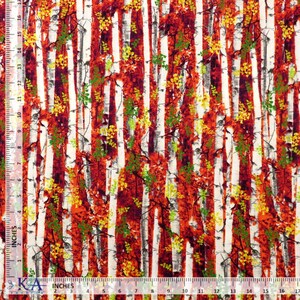 May include: Fabric with a vertical birch tree design. The pattern features white, red, and gray tree trunks with green and yellow foliage. The fabric is measured in inches.