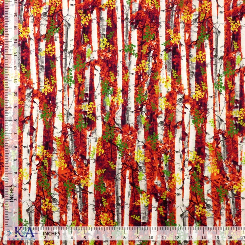 May include: Fabric with a vertical birch tree design. The pattern features white, red, and gray tree trunks with green and yellow foliage. The fabric is measured in inches.