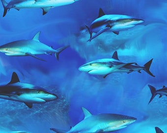 Deep Blue Sea Swimming Sharks Digitally Printed Timeless Treasures #10571
