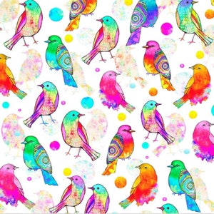 Digital Songbird Serenade Colorful Birds on White P&B Textiles #10588