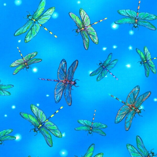 Robert Kaufman Fantastic Forest Dragonflies Turquoise Digitally Printed #10053