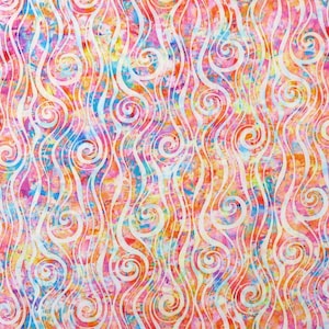 May include: A vibrant fabric with a colorful, abstract design. The pattern features flowing white lines with spiral accents against a background of pink, orange, blue, and yellow hues. The overall effect is a lively and artistic textile.