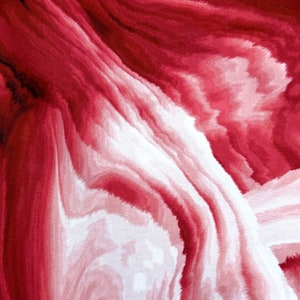 May include: Abstract painting with swirling, flowing lines in shades of red, pink, and white.