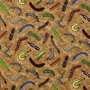 May include: A fabric pattern featuring a repeating design of colorful caterpillars in various sizes and patterns. The caterpillars are in shades of green, black, orange, yellow, and blue, set against a textured brown background.