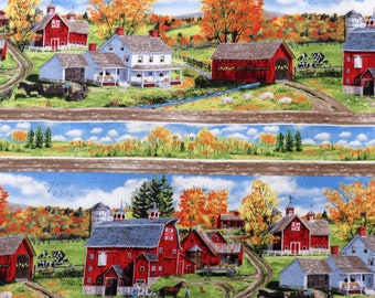 May include: A colourful fabric featuring a repeating pattern of red barns, white houses, and a covered bridge set against a backdrop of autumn foliage and a blue sky. The fabric is ideal for quilting, crafting, and home decor projects.