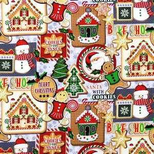 May include: A festive Christmas fabric featuring gingerbread houses, cookies, and other holiday treats. The fabric is white with a gray chevron pattern and features red, green, and gold accents. The text on the fabric reads "Cookies for Santa", "Bake Shop", "Merry Christmas", and "Santa with Cookies".
