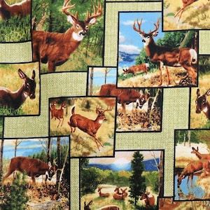 May include: A fabric with a repeating pattern of deer in various outdoor scenes. The deer are depicted in shades of brown and tan, with some scenes featuring trees, water, and blue skies. The background is a light green color.
