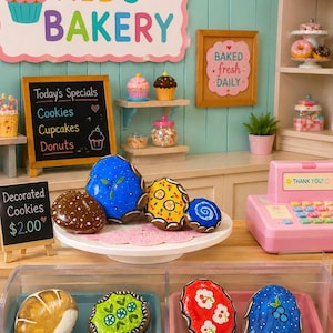 May include: A collection of hand-painted rocks designed to look like baked goods, including cookies and donuts, displayed on a white cake stand and in plastic trays. The scene features a toy bakery setup with signs reading Kids Bakery, Today's Specials, and Baked Fresh Daily.