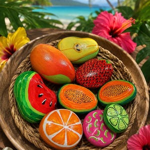 May include: A collection of smooth river stones hand-painted to resemble various fruits including a watermelon slice, mango, pear, strawberry, papaya, orange, dragon fruit, and lime, all arranged together inside a round woven basket.