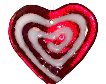 Red and White Swirled Heart Fused Glass Sun-Catcher