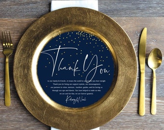 Printed Sample or Sets of 50 Custom Printed Round Circle Navy Gold Dots Script Thank You that fit on a Plate or Changer