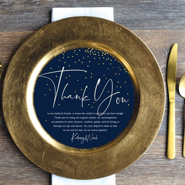 Printed Sample or Sets of 50 Custom Printed Round Circle Navy Gold Dots Script Thank You that fit on a Plate or Changer