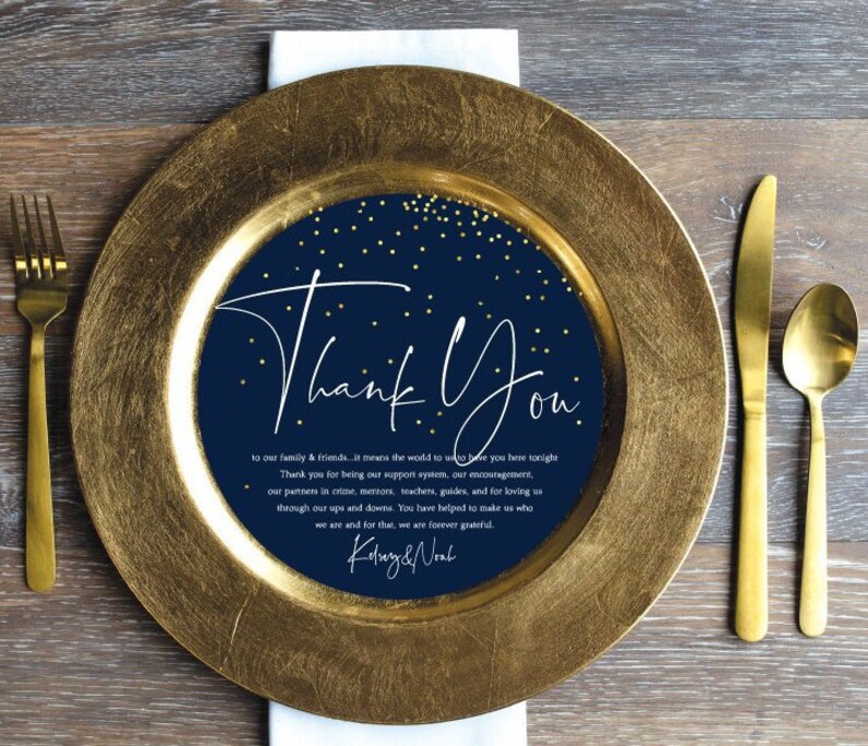 Printed Sample or Sets of 50 Custom Printed Round Circle Navy Gold Dots Script Thank You that fit on a Plate or Changer image 1