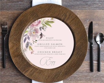 Printed Sample or Sets of Custom Printed Menu Mauve Floral that fits on a Plate or Changer M15