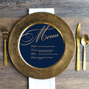 Custom Printed Wedding Menu, Navy & Gold Scroll Design