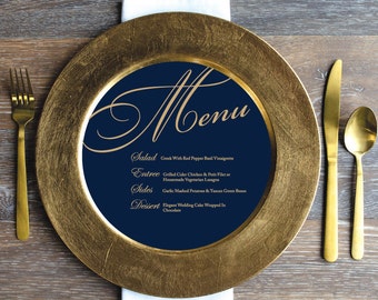 Printed Sample or Sets of Custom Printed Black & White, Navy, Gold Scroll Menus that fit on a Plate or Charger