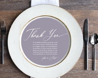 Printed Sample or Sets of 50 Custom Printed Smoke Purple Thank You Insert that Fits a Plate or Charger