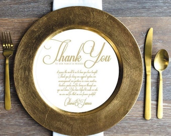 Printed Sample or Sets of 50 Custom Printed Gold & White Script Round Thank you that fit on a Plate or Changer