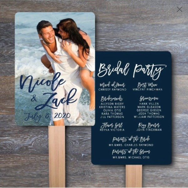 Printed DIY Photo Wedding Program Fans with wedding party on back. NOT Assembled and sticks NOT included-  EPG21