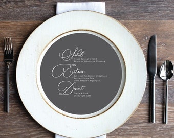 Printed Sample or Sets of Custom Printed Black Script Menus that fit on a Plate or Changer Grey Script EPG19