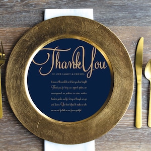 Printed Sample or Sets of 50 Custom Printed Round Circle Navy Gold Script Thank You that fit on a Plate or Changer - Custom Colors Available