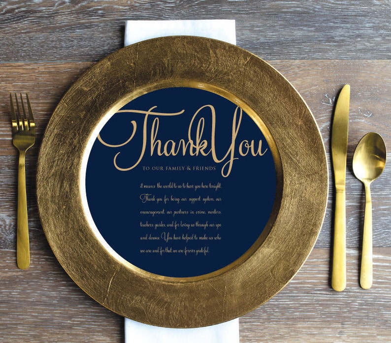 Printed Sample or Sets of 50 Custom Printed Round Circle Navy Gold Script Thank You that fit on a Plate or Changer image 1