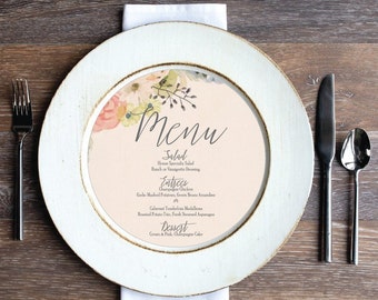 Printed Sample or Sets of Custom Printed Peach Floral 211 - Menu that fits on a Plate or Charger