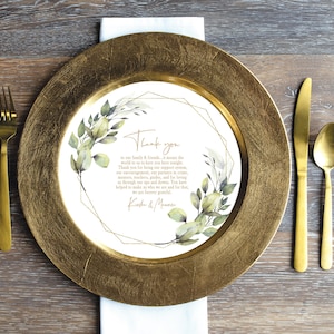 Printed Sample or Sets of 50 Custom Printed Gold Script Thank You eucalyptus that fits on a Plate or Charger