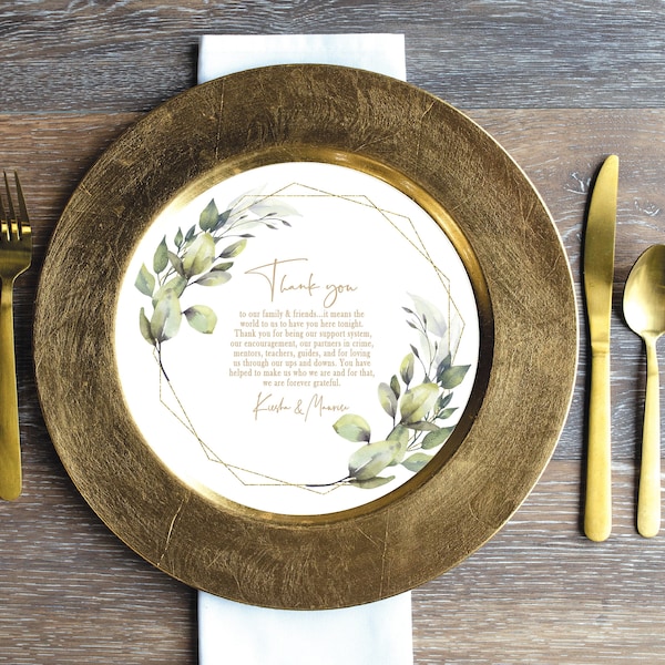 Printed Sample or Sets of 50 Custom Printed Gold Script Thank You eucalyptus that fits on a Plate or Charger