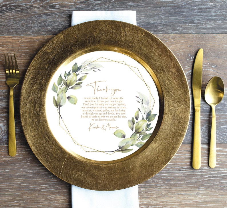 Printed Sample or Sets of 50 Custom Printed Gold Script Thank You eucalyptus that fits on a Plate or Charger image 1