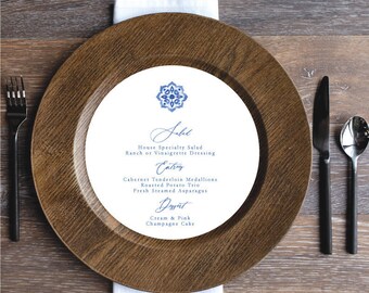 Printed Sample or Sets of Custom Printed Blue Mosaic Tile Script Menus that fit on a Plate or Changer EPG34