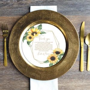 Printed Sample or Sets of 50 Custom Printed Sunflower Thank you message that fits on a Plate or Changer M07