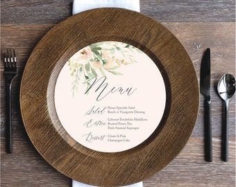 Printed Sample or Sets of Custom Printed Blush Peach Coral Floral Menus that fit on a Plate or Changer