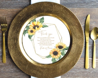 Printed Sample or Sets of 50 Custom Printed Round Circle Baby Shower Sunflower Thank You that fit on a Plate or Changer