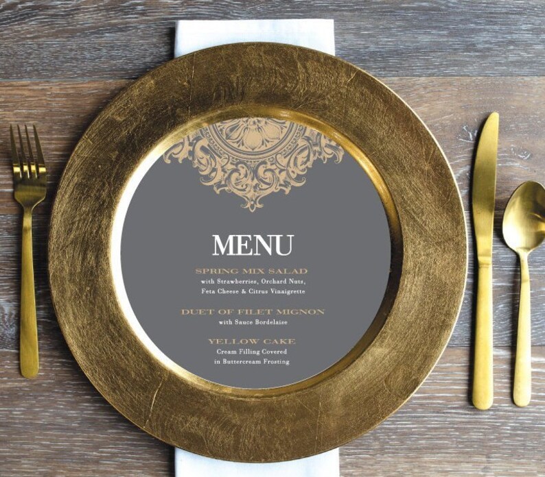 Printed Sample or Sets Custom Printed Gold Silver Medallion Art Deco Menus that fit on a Plate or Changer image 1