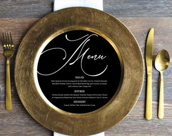 Printed Sample or Sets of Custom Printed Menu (Black & White Scroll, Navy, Gold) that fits on a Plate or Changer M09