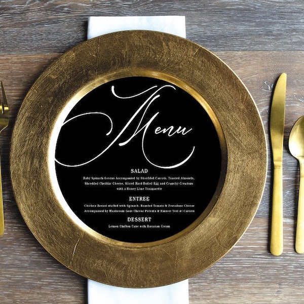 Printed Sample or Sets of Custom Printed Menu (Black & White Scroll, Navy, Gold) that fits on a Plate or Changer M09