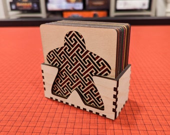 Set of 8 Colorful Meeple Coasters for Board Game Enthusiasts, Laser Cut Coasters, Gamer Gift, Geeky Home Decor, Wood Coasters with Holder