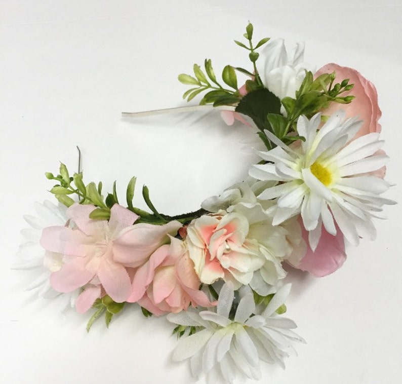 Combination Light Pink Flower Crown with Daisies and Leaves Headband