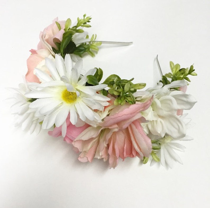 Combination Light Pink Flower Crown with Daisies and Leaves Headband