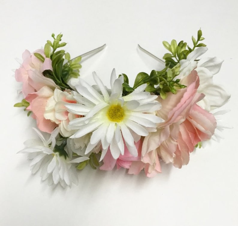 Combination Light Pink Flower Crown with Daisies and Leaves Headband