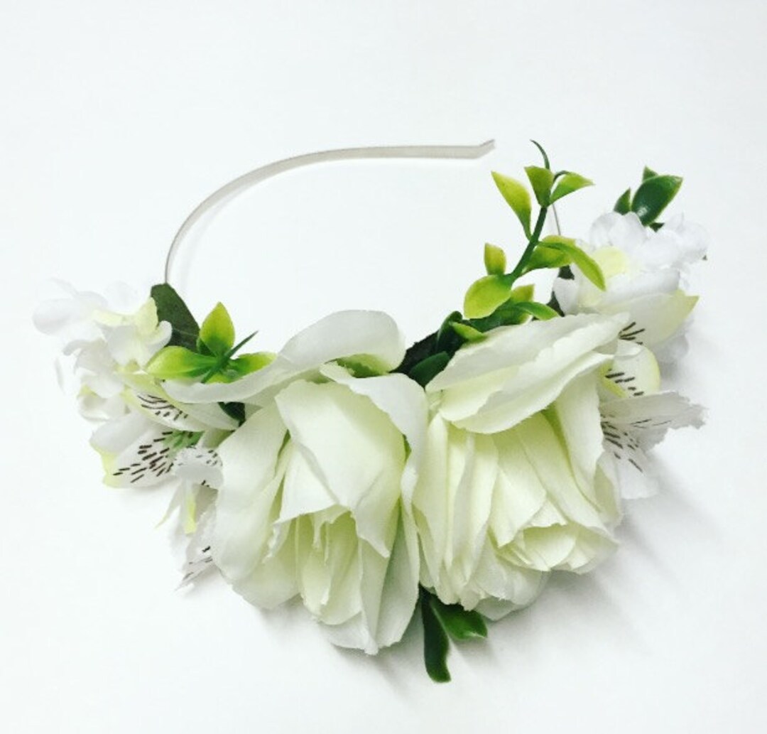 Side White Rose Flower Crown With Leaves Etsy