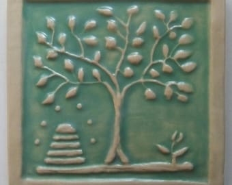 Bee Hive with Tree - 4x4 inch bas-relief tile
