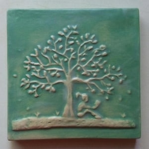 The Girl Reader under tree- handcrafted relief art tile