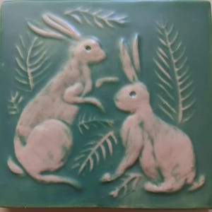 Two Bunnies - 4x4 inch bas-relief tile