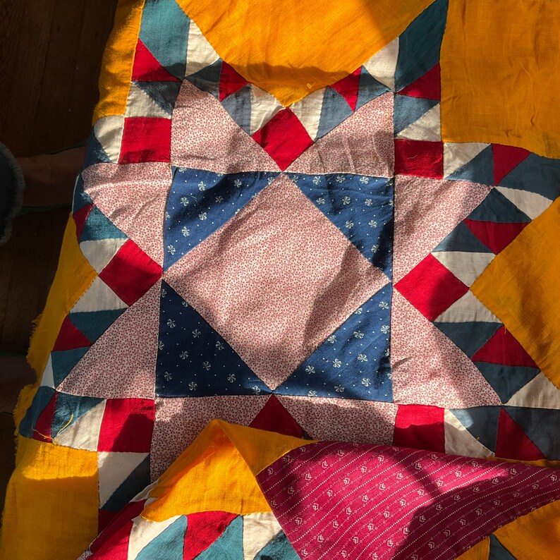 Antique Quilt TOP Bright Cheddar Pink Indigo & Plum Etsy